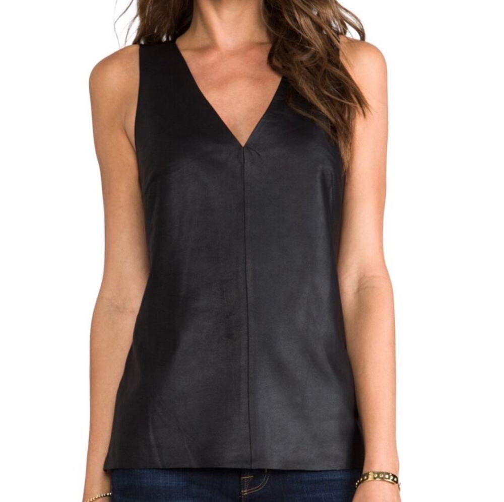 BB Dakota Collective Leather Front Tank Top Large L Black Knit Sleeveless V-Neck
